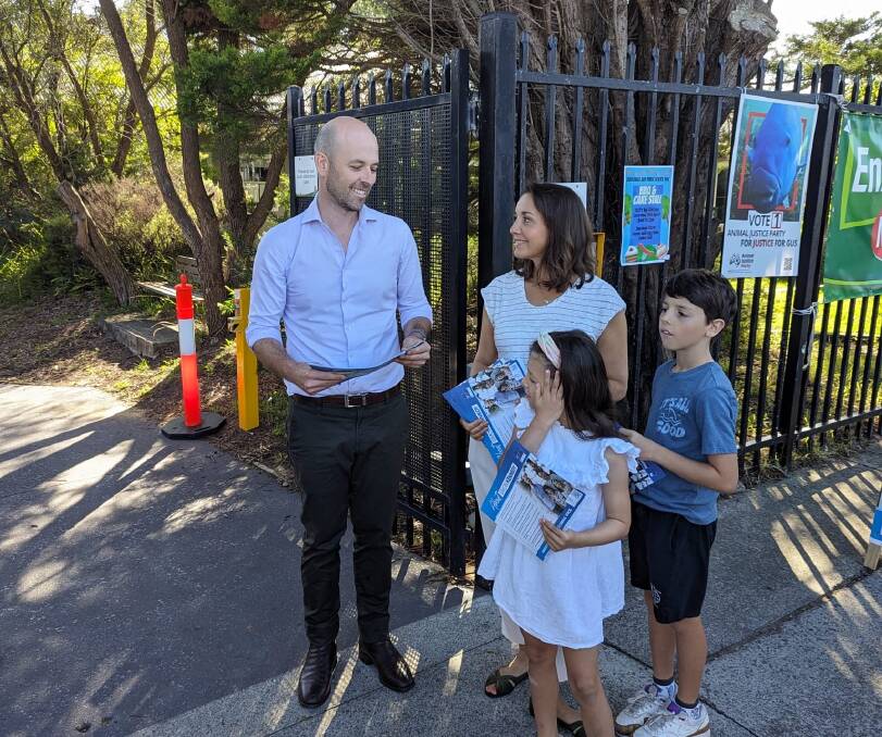 Simon Kennedy with his wife Nila and children, Taj, 8, and Kaia, 6 at a voting centre on Saturday before the Bondi Junction events occurred. Picture supplied